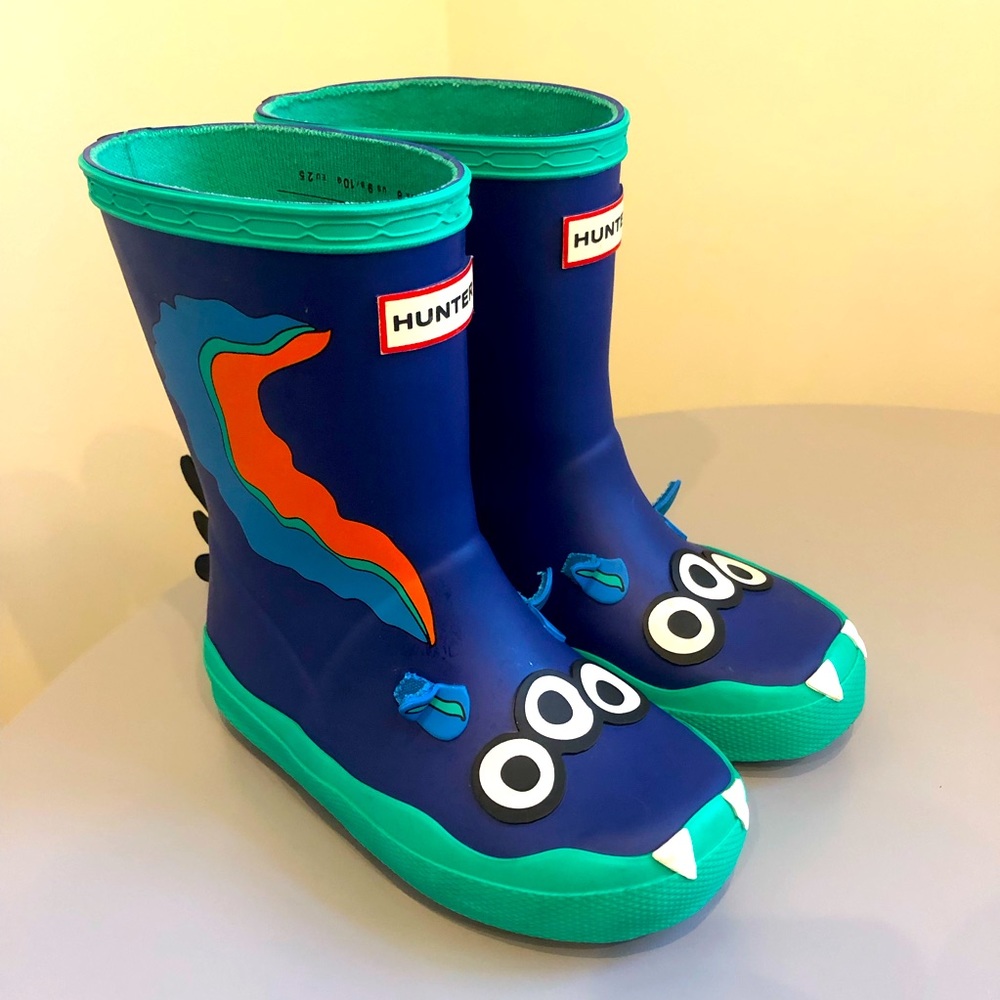 • Hunter • Boys Monster Rain Boots Blue / Green Size 8 UK / US 9